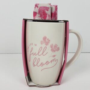 ELUM Pink & White Full Bloom Tea Towel & Mug Set, Spring Hostess Gift Floral NWT